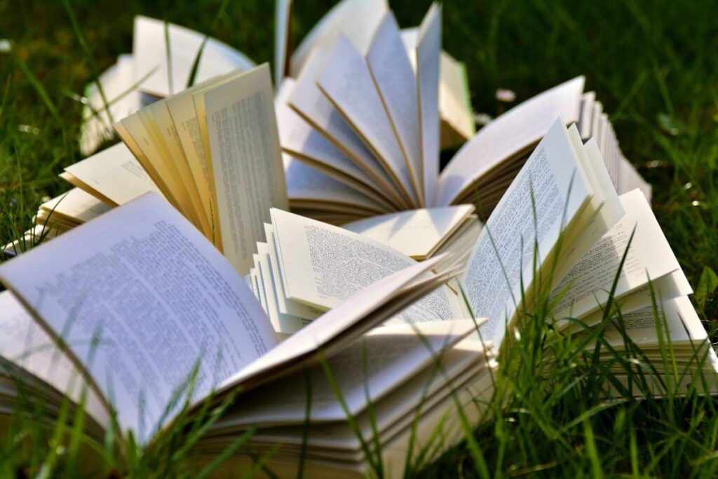 Livres ouverts éventails dans l'herbe, évoquant les moments de lecture partagée