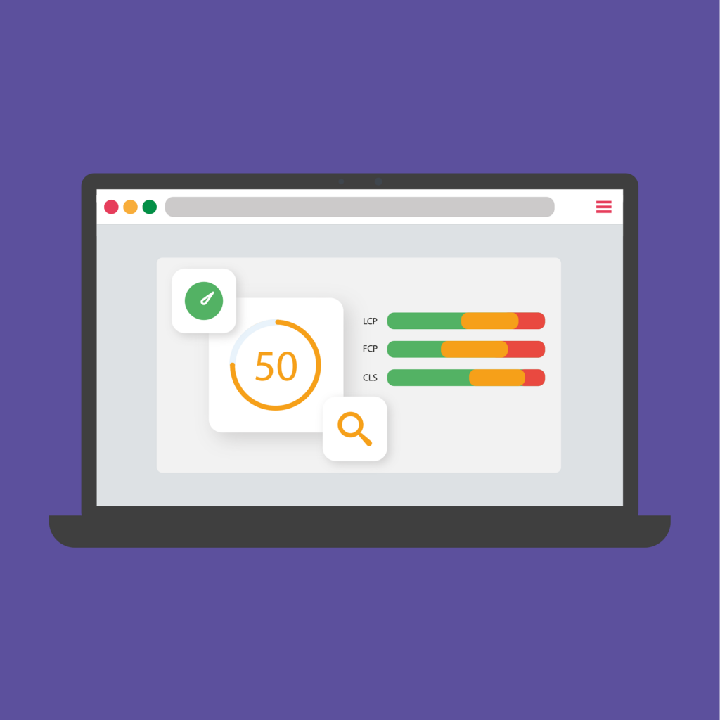 Ordinateur portable affichant un score de performance et les indicateurs LCP, FCP et CLS